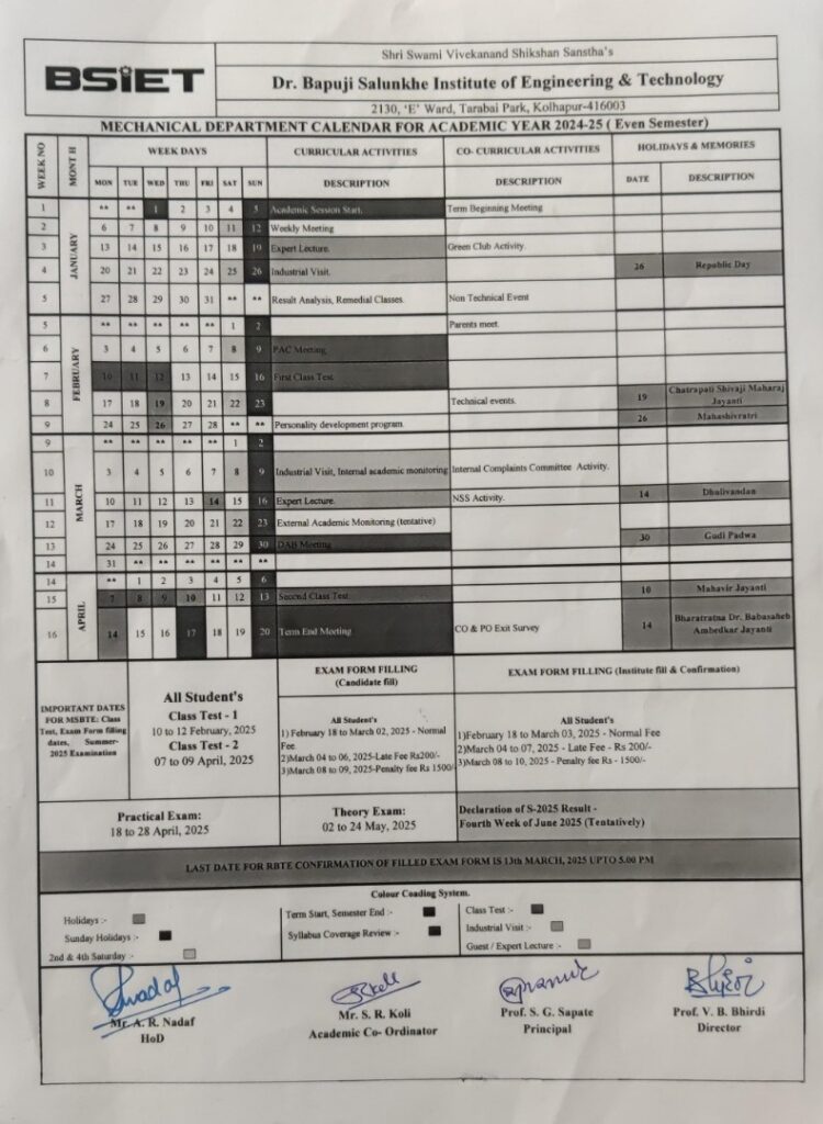 Academic Calender – Department Of Mechanical Engineering